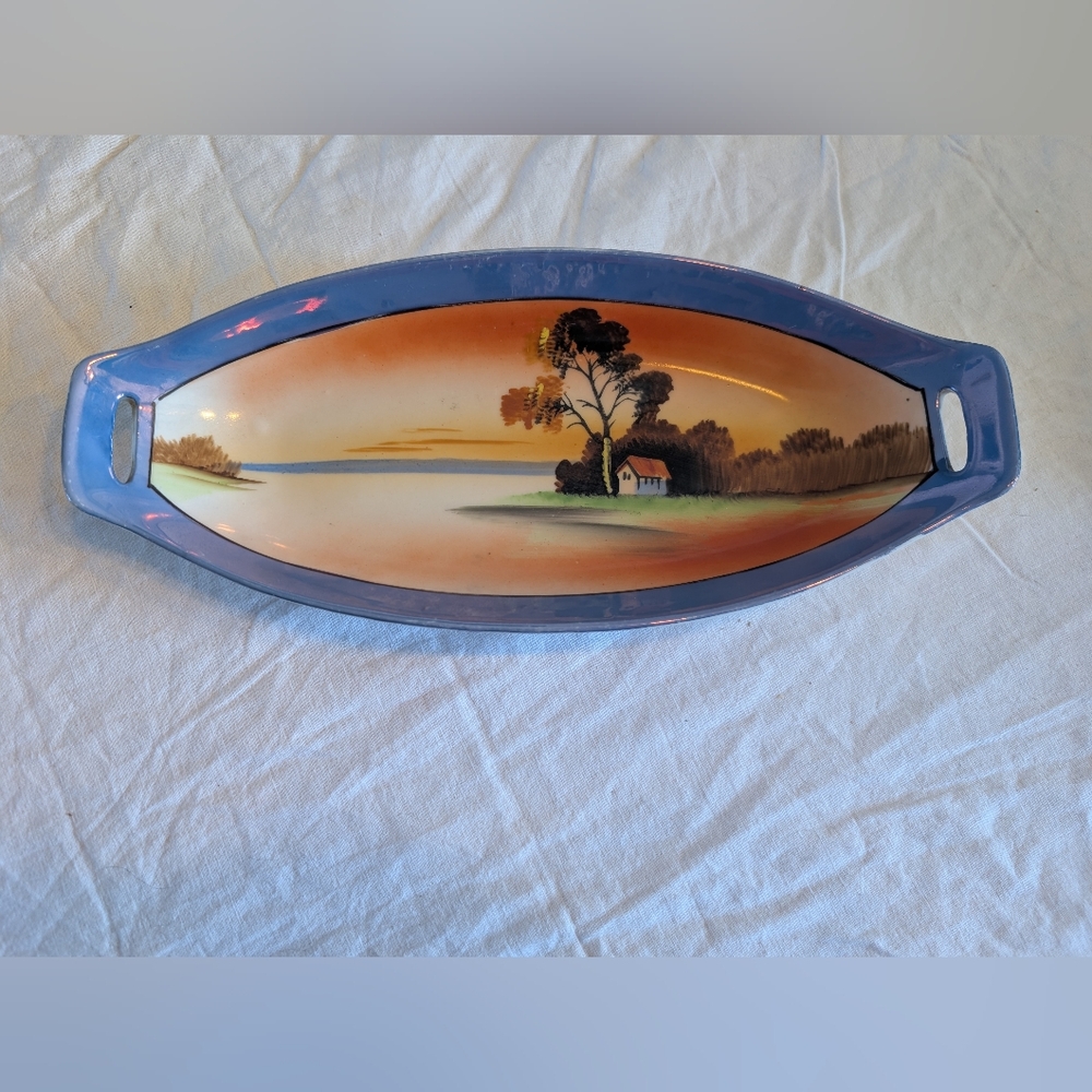 2/30$ Scenic Ceramic Hand Painted Art Platter with Blue and Orange Hues